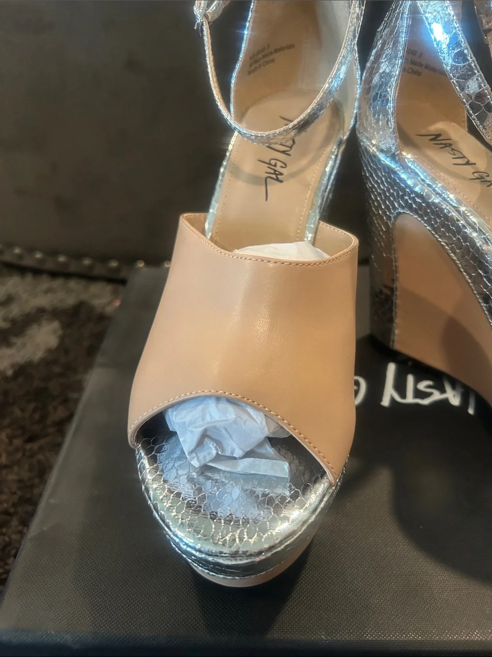 Nasty Gal Nude and Silver Snakeskin Platform Wedges